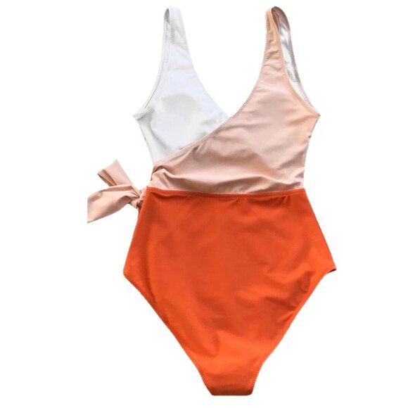 Cupshe Women One Piece Swimsuit Large Color Block V-Neck Wrap Front Tie Cheeky - Picture 4 of 9